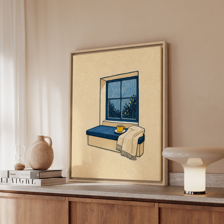 Window Seat: Rain – Window Wall Art with Tea and a Streaked View – Canvas / Framed Canvas