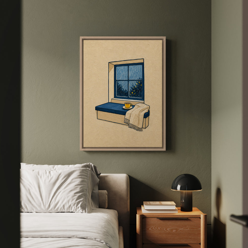 Window Seat: Rain – Window Wall Art with Tea and a Streaked View – Framed Canvas Wall Art