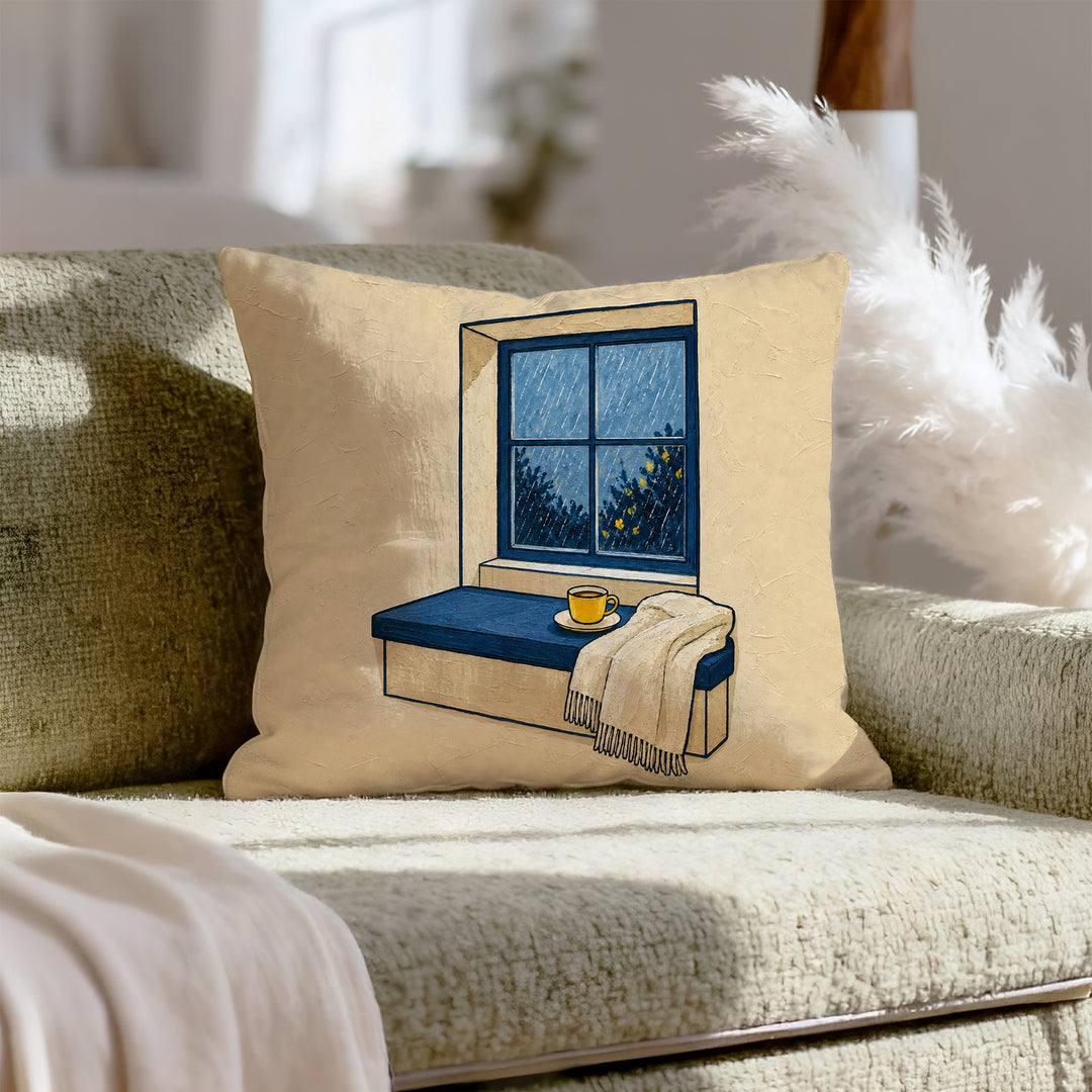 Window Seat: Rain – Window Decor with Tea and a Streaked View – Pillow Cover