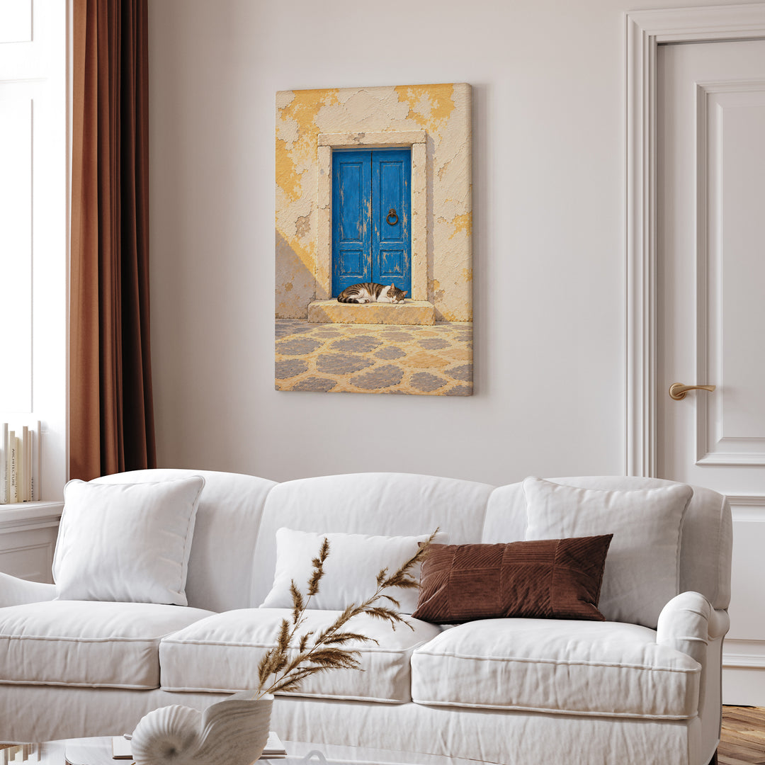 The Blue Door – Window Wall Art with a Weathered Portal and a Napper – Canvas Wall Art
