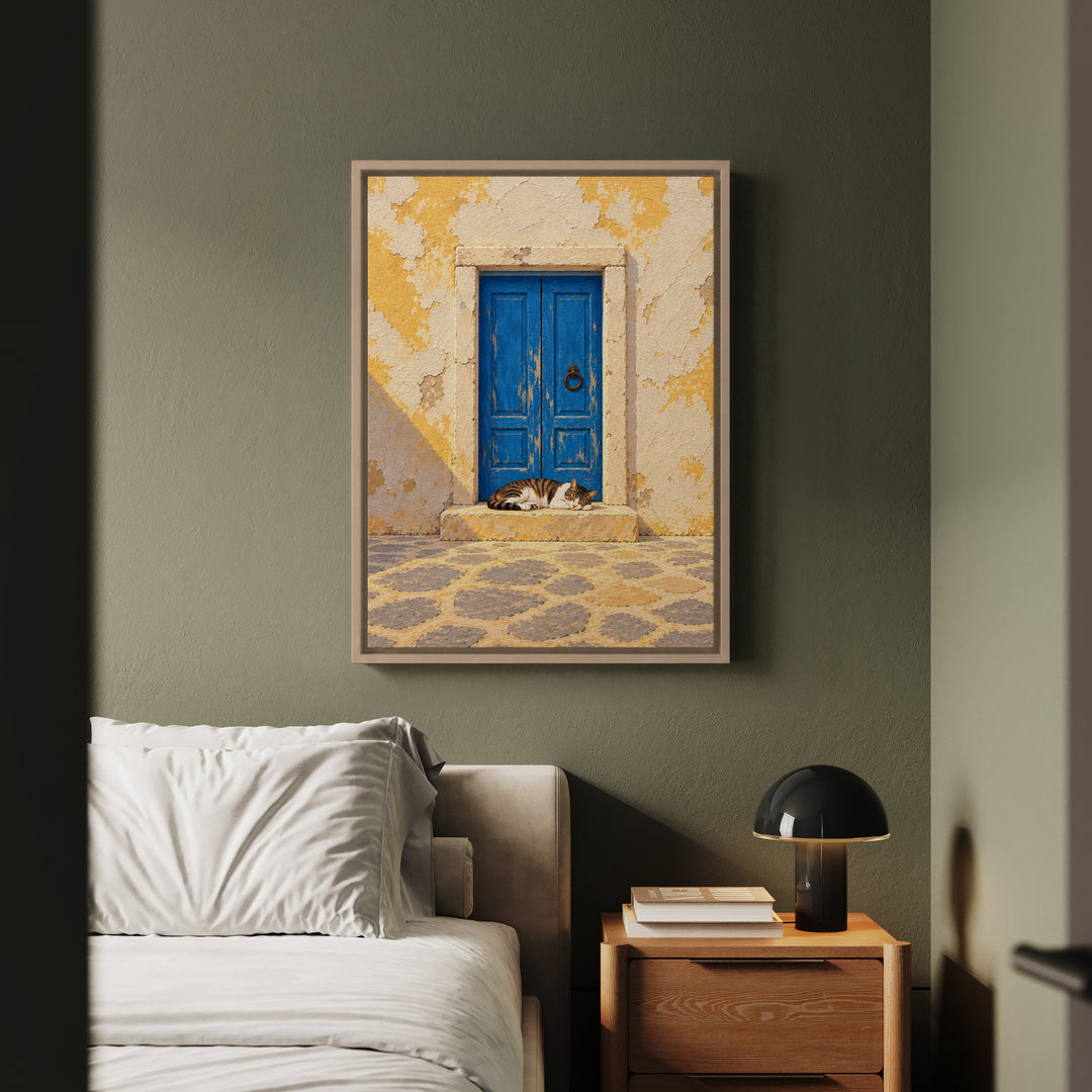 The Blue Door – Window Wall Art with a Weathered Portal and a Napper – Framed Canvas Wall Art