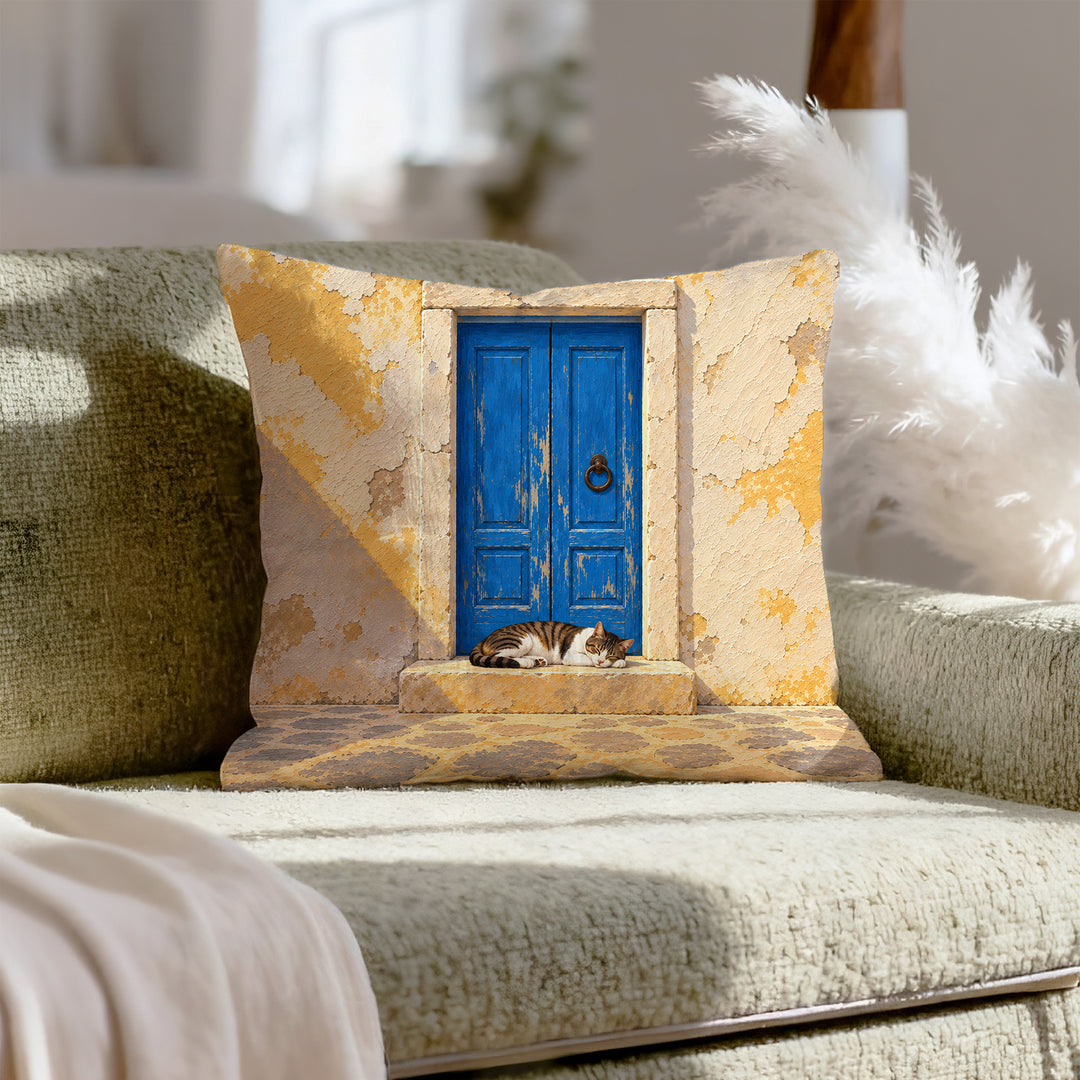 The Blue Door – Window Decor with a Weathered Portal and a Napper – Throw Pillow