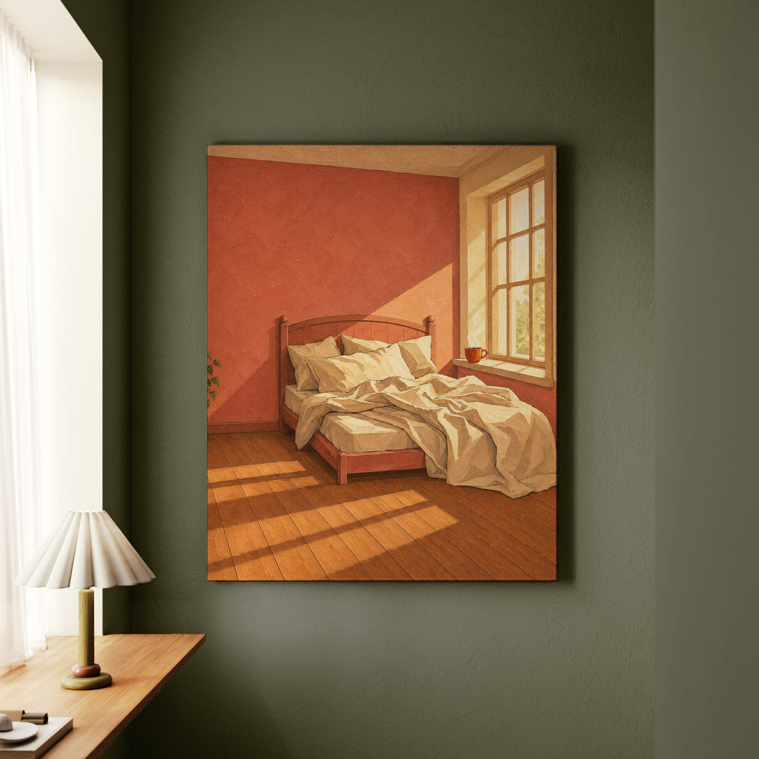 Slow Morning Light – Bedroom Wall Art with Rumpled Linen and Steam – Canvas Wall Art