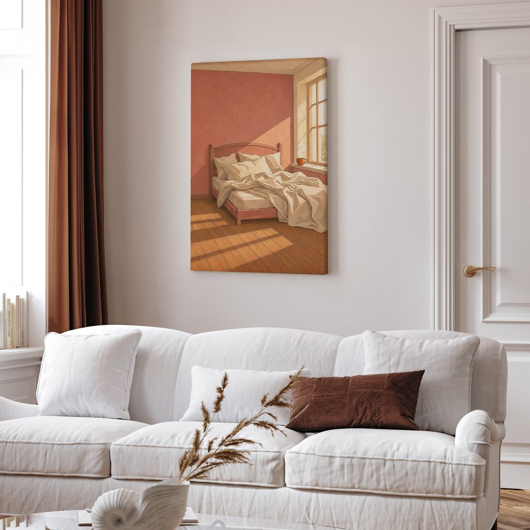Slow Morning Light – Bedroom Wall Art with Rumpled Linen and Steam – Canvas Wall Art
