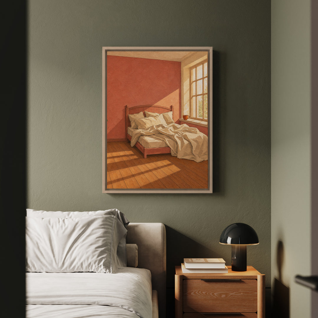 Slow Morning Light – Bedroom Wall Art with Rumpled Linen and Steam – Framed Canvas Wall Art