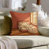 Slow Morning Light – Bedroom Decor with Rumpled Linen and Steam – Throw Pillow
