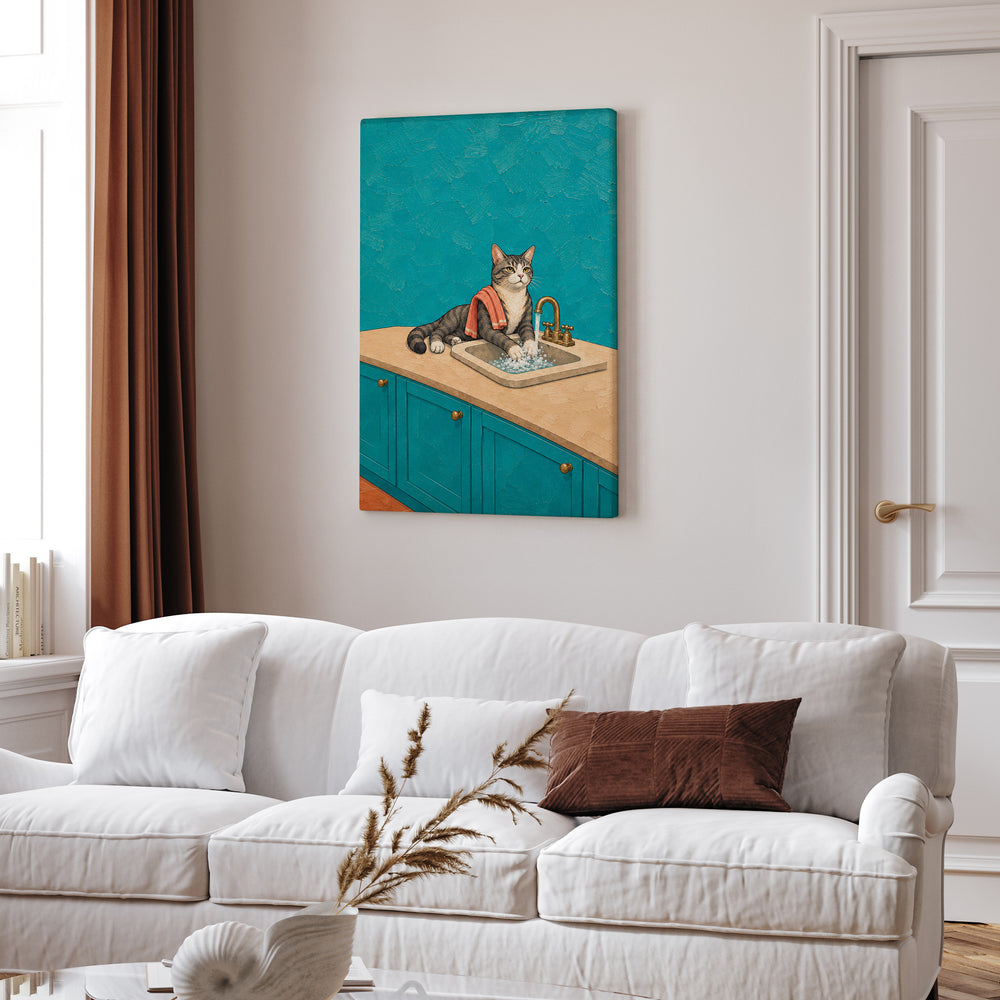 Wash Your Paws – Cat Bathroom Art with a Sink Side Scrub – Canvas Wall Art