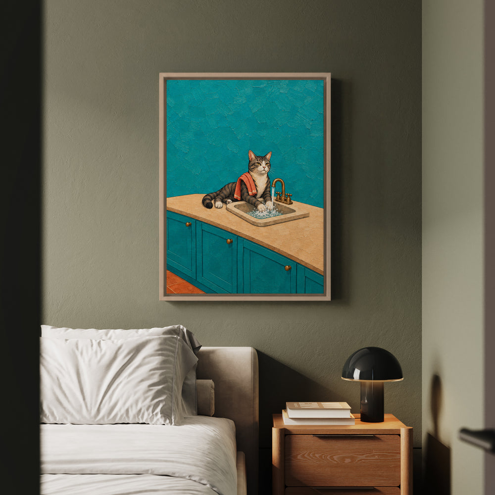Wash Your Paws – Cat Bathroom Art with a Sink Side Scrub – Framed Canvas Wall Art