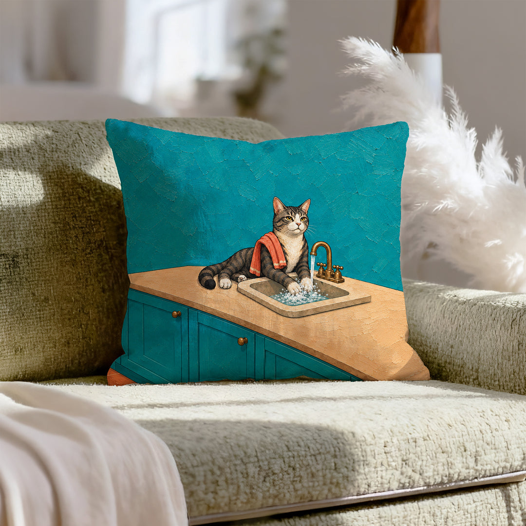 Wash Your Paws – Cat Bathroom Decor with a Sink Side Scrub – Pillow Cover