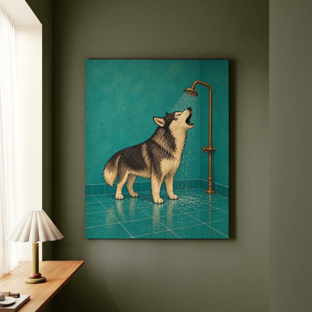 Shower Solo – Funny Bathroom Art with a Howling Husky – Canvas / Framed Canvas