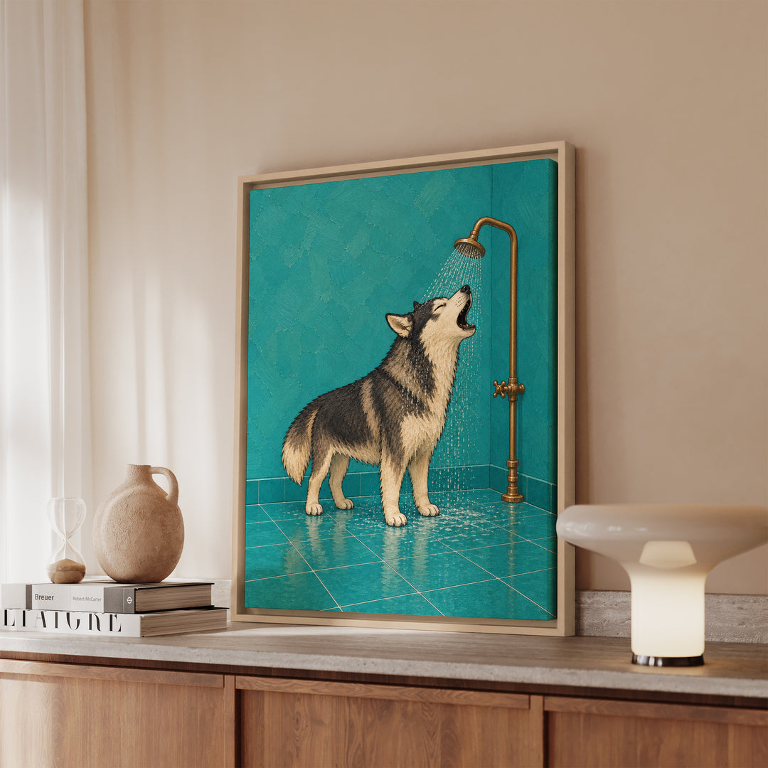 Shower Solo – Funny Bathroom Art with a Howling Husky – Canvas / Framed Canvas
