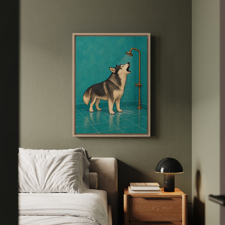 Shower Solo – Funny Bathroom Art with a Howling Husky – Framed Canvas Wall Art