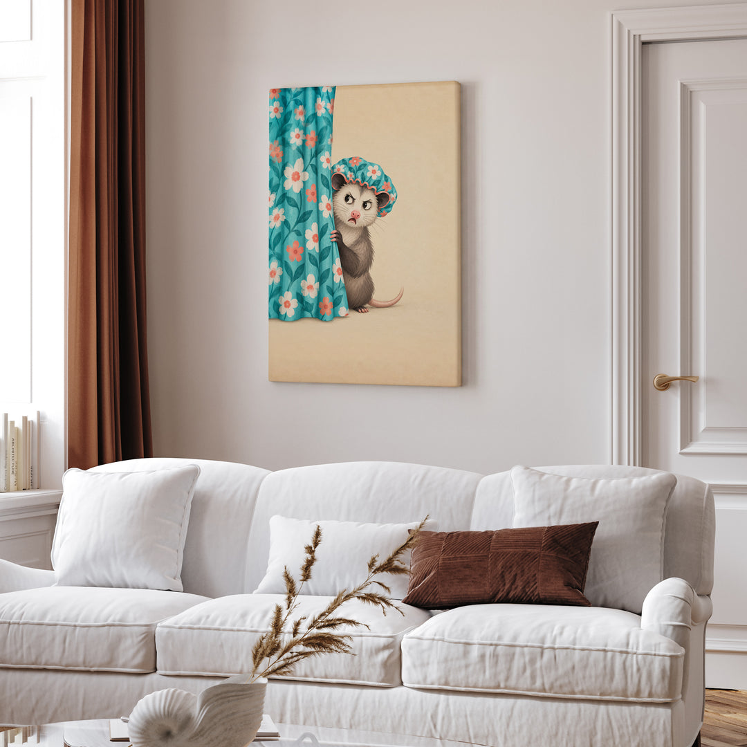Shower Cap Society – Funny Bathroom Decor with a Startled Opossum – Canvas Wall Art