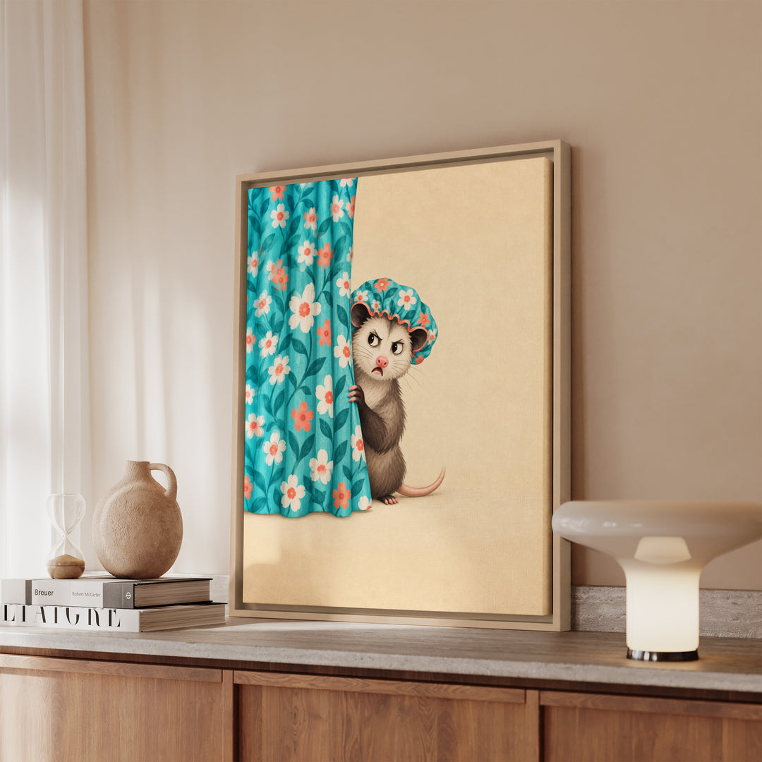 Shower Cap Society – Funny Bathroom Decor with a Startled Opossum – Framed Canvas Wall Art
