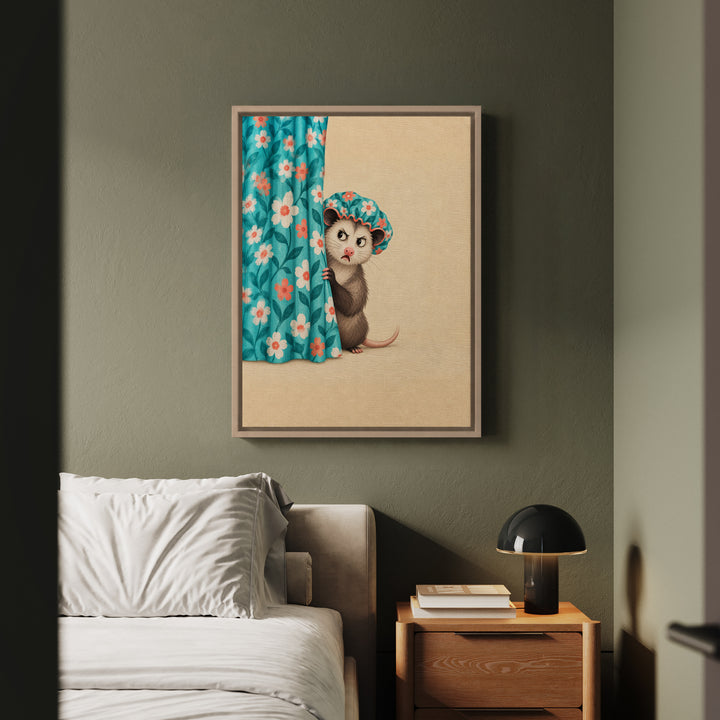 Shower Cap Society – Funny Bathroom Decor with a Startled Opossum – Framed Canvas Wall Art