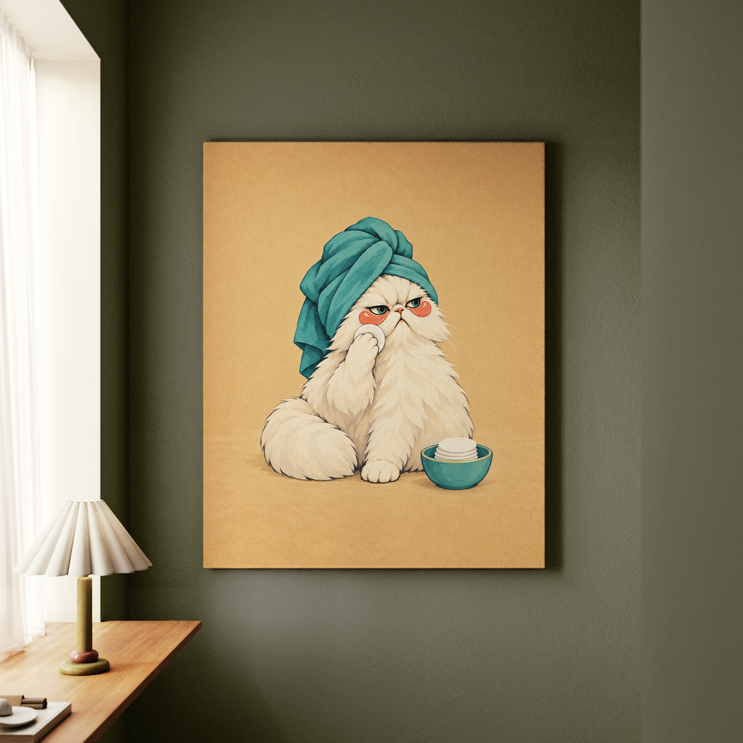 Towel Turban – Cat Bathroom Art with a Spa Day Skincare Routine – Canvas Wall Art