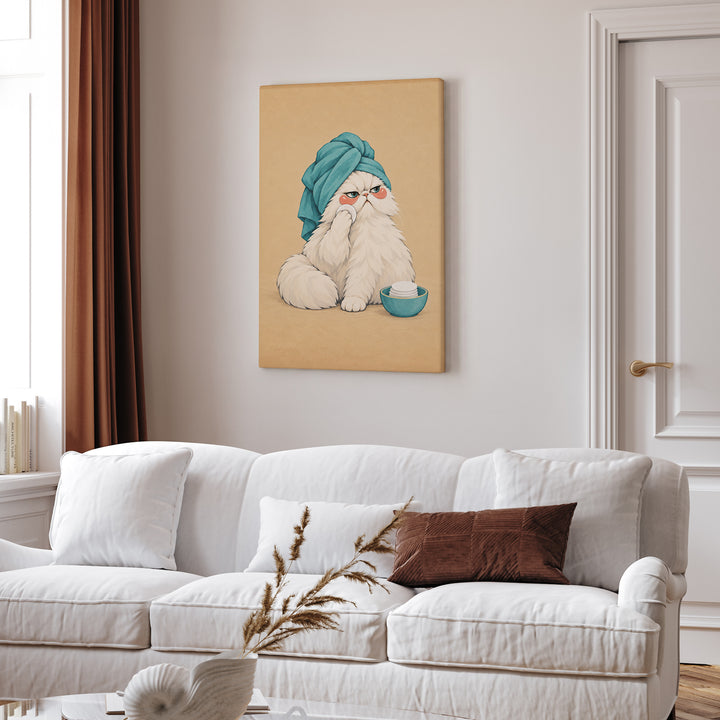 Towel Turban – Cat Bathroom Art with a Spa Day Skincare Routine – Canvas Wall Art