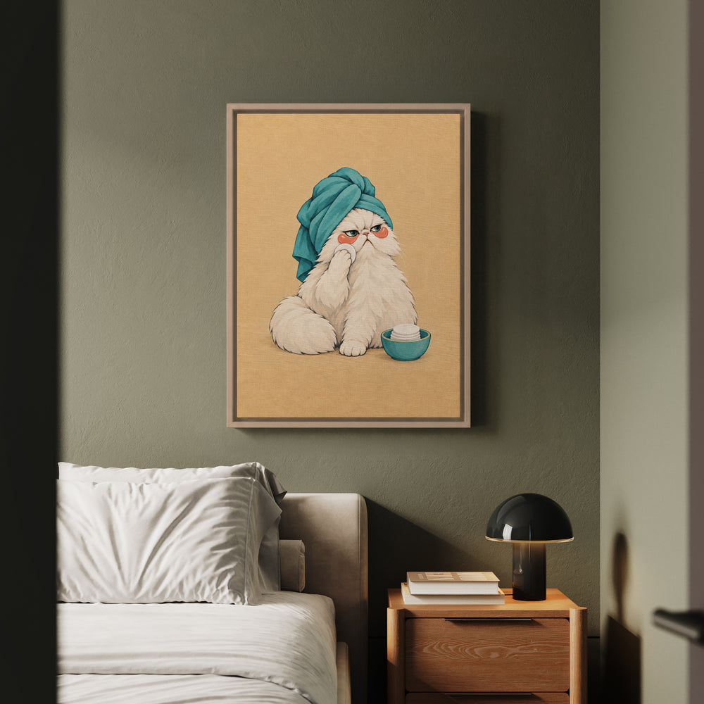 Towel Turban – Cat Bathroom Art with a Spa Day Skincare Routine – Framed Canvas Wall Art