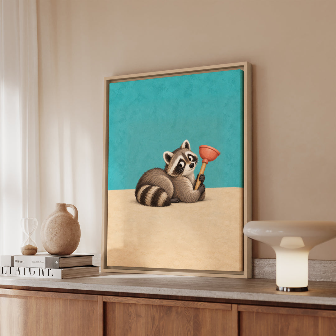 The Plunger Incident – Funny Bathroom Art with a Guilty Raccoon – Framed Canvas Wall Art
