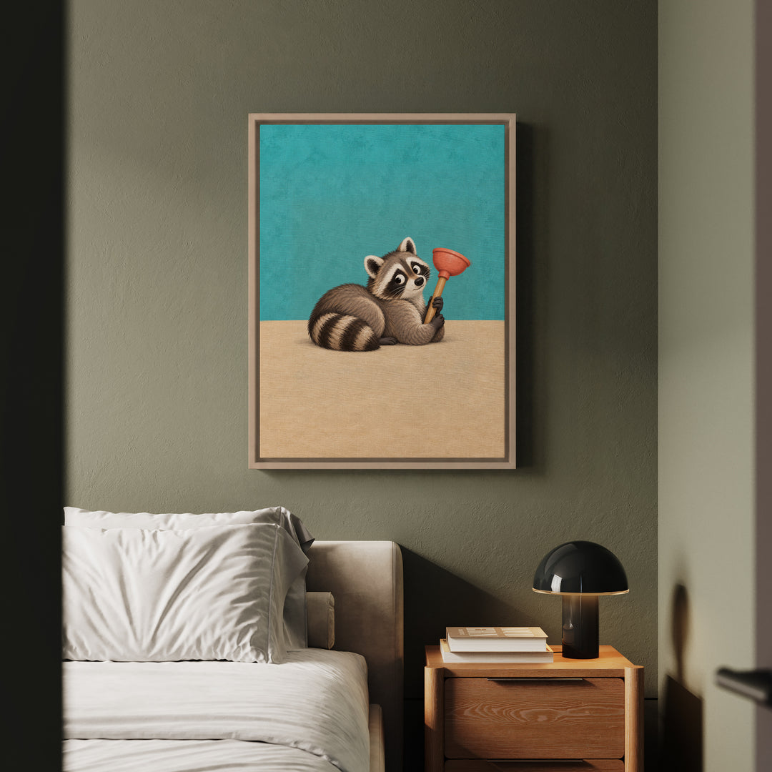 The Plunger Incident – Funny Bathroom Art with a Guilty Raccoon – Framed Canvas Wall Art