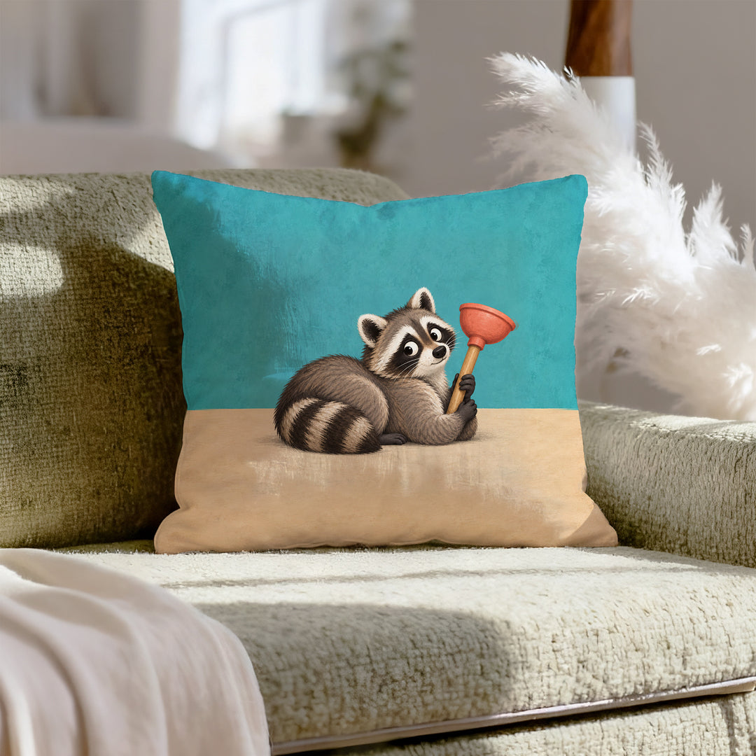 The Plunger Incident – Funny Bathroom Decor with a Guilty Raccoon – Pillow Cover