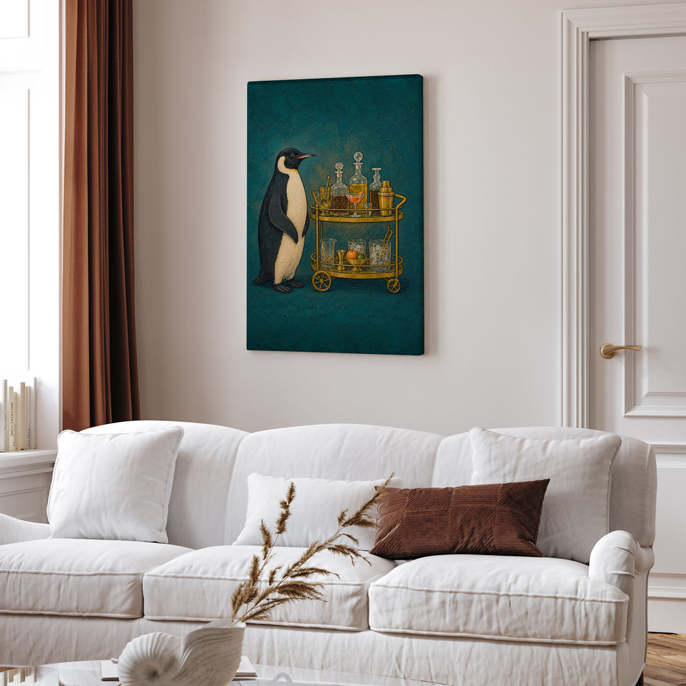 Bar Cart Butler – Bar Cart Decor with a Penguin in Permanent Black Tie – Canvas Wall Art