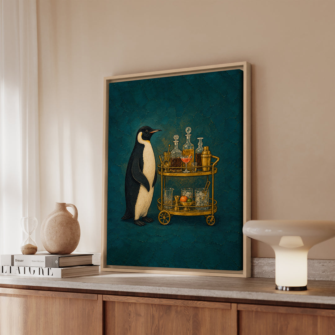 Bar Cart Butler – Bar Cart Decor with a Penguin in Permanent Black Tie – Framed Canvas Wall Art