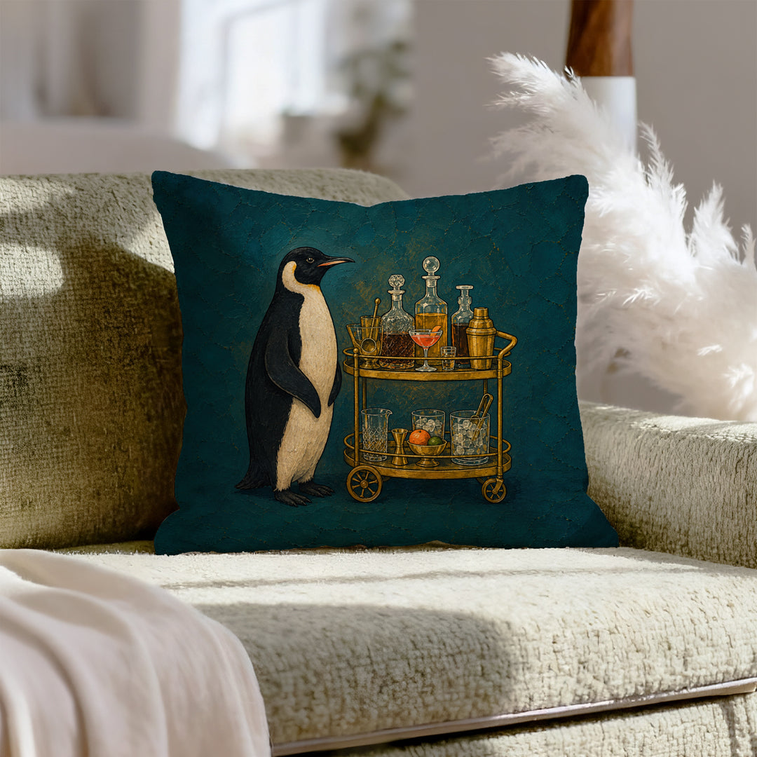 Bar Cart Butler – Bar Cart Decor with a Penguin in Permanent Black Tie – Throw Pillow