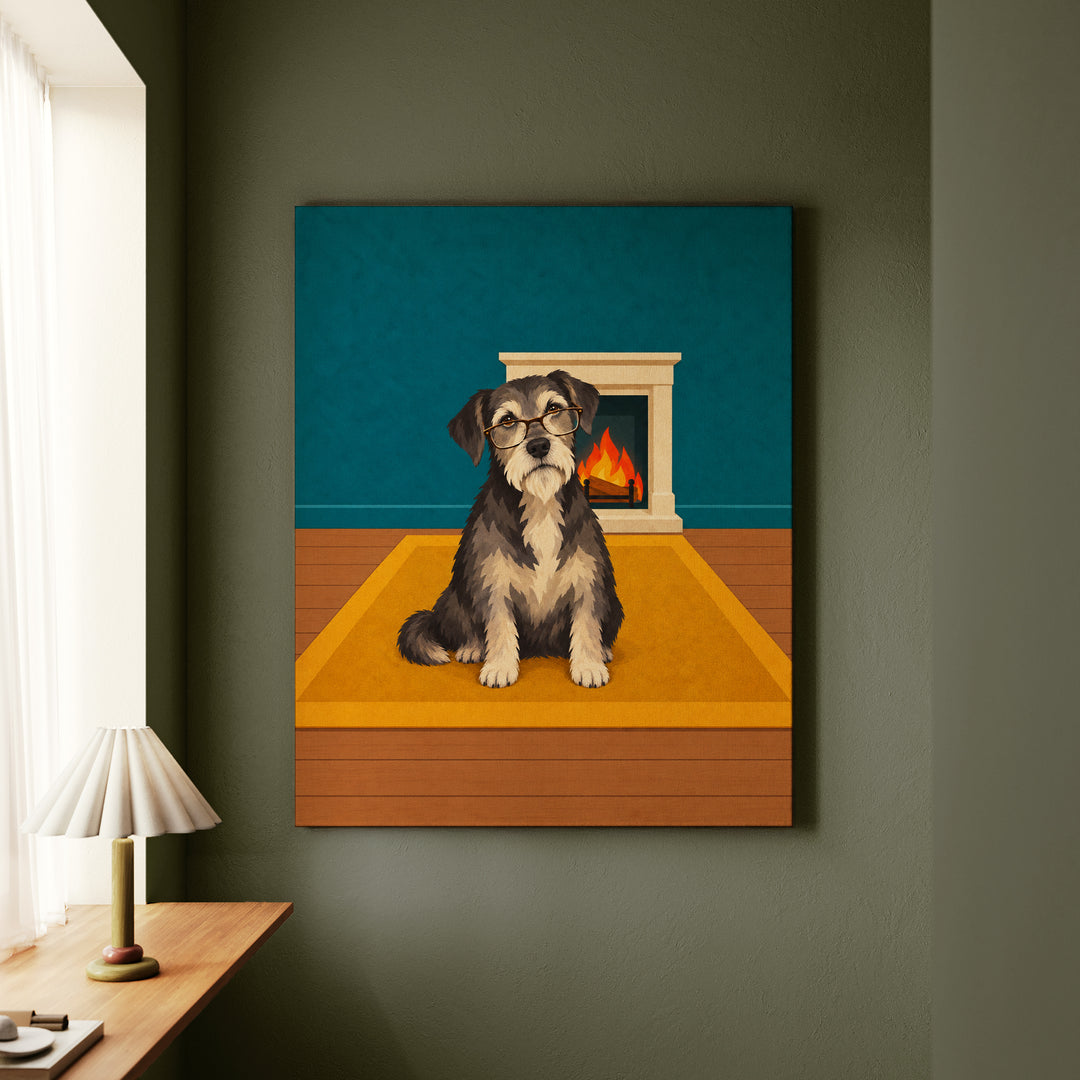 Old Soul – Dog Artwork with a Grey Muzzle by the Fireplace – Canvas / Framed Canvas
