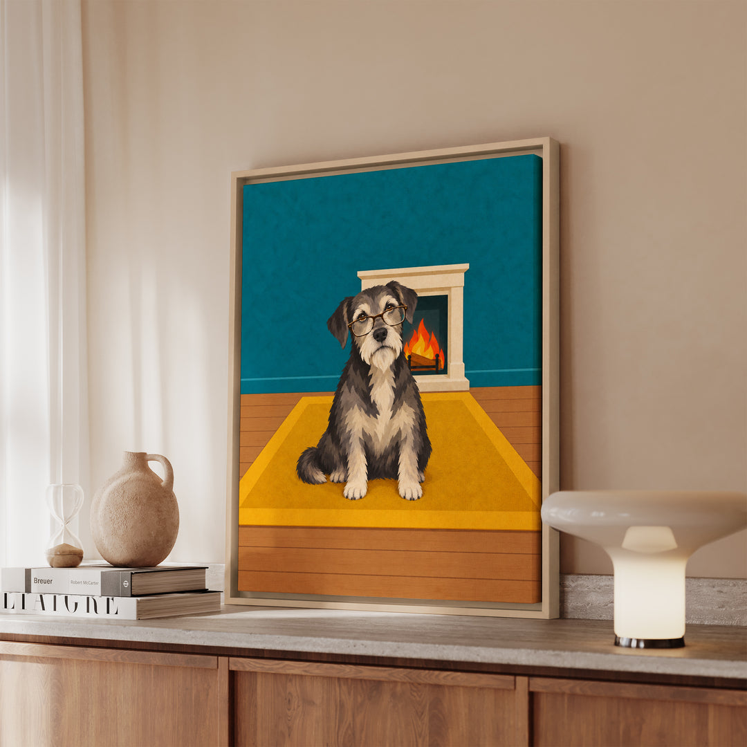 Old Soul – Dog Artwork with a Grey Muzzle by the Fireplace – Framed Canvas Wall Art