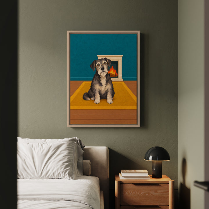 Old Soul – Dog Artwork with a Grey Muzzle by the Fireplace – Framed Canvas Wall Art