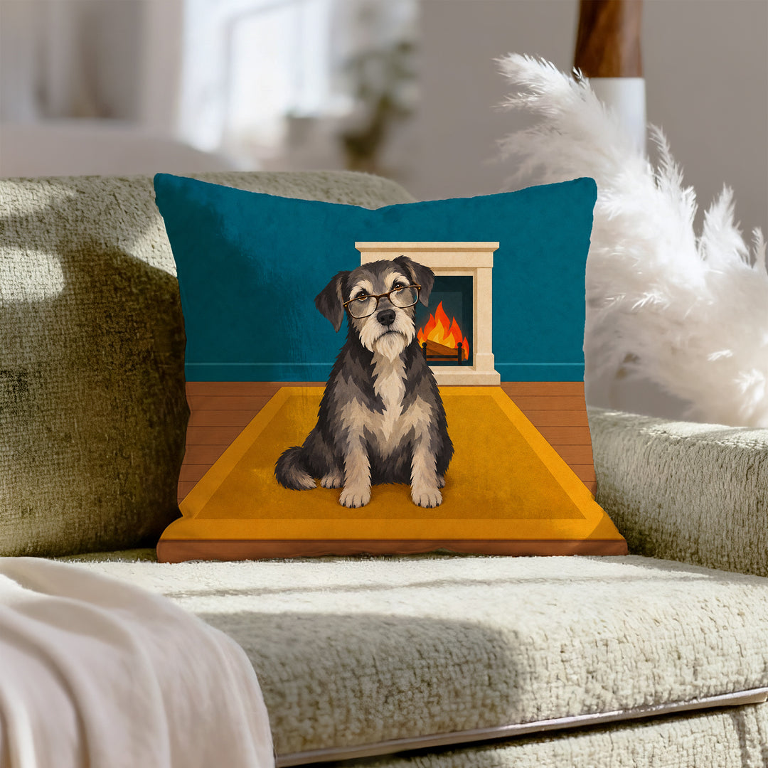 Old Soul – Dog Artwork with a Grey Muzzle by the Fireplace – Throw Pillow