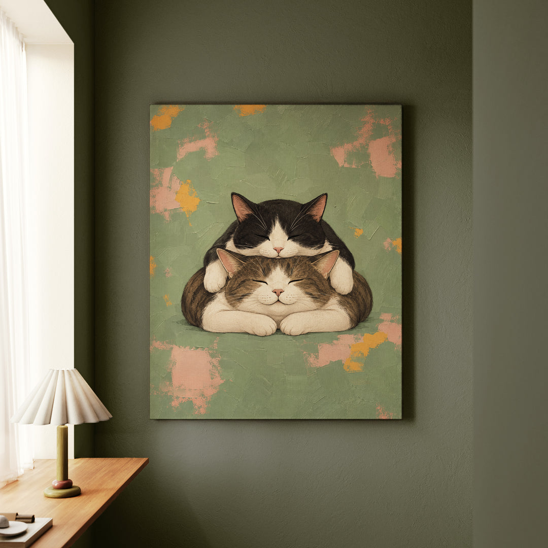 Nap Stack – Cat Wall Art with Two Cats and One Mattress – Canvas / Framed Canvas