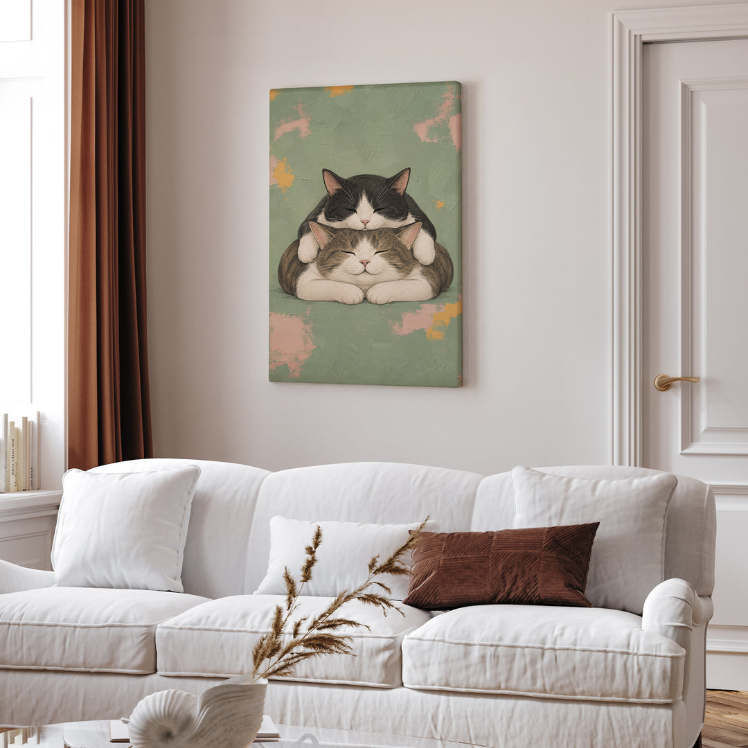Nap Stack – Cat Wall Art with Two Cats and One Mattress – Canvas / Framed Canvas