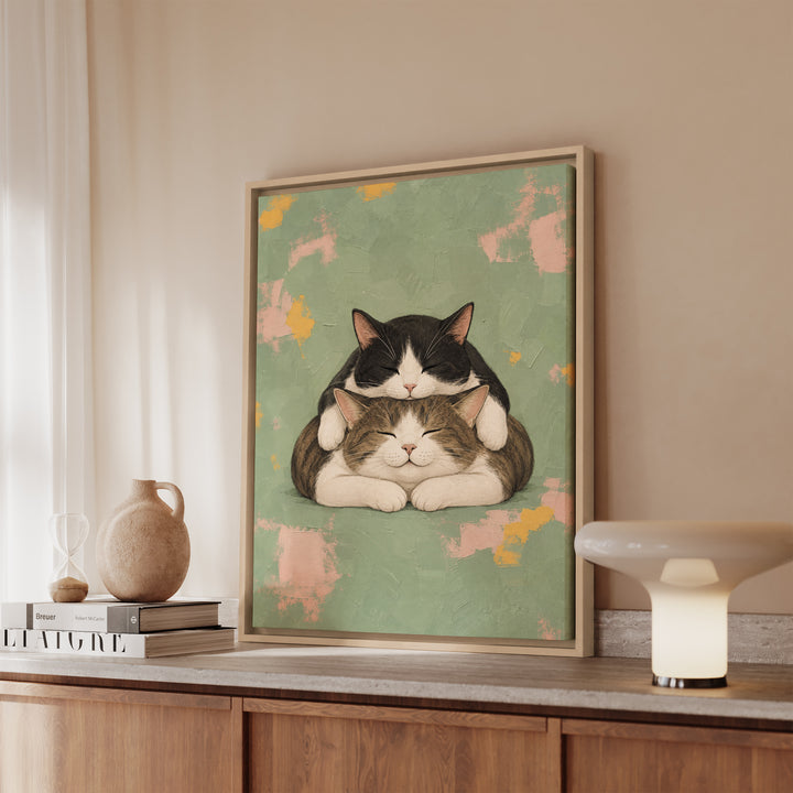 Nap Stack – Cat Wall Art with Two Cats and One Mattress – Canvas / Framed Canvas
