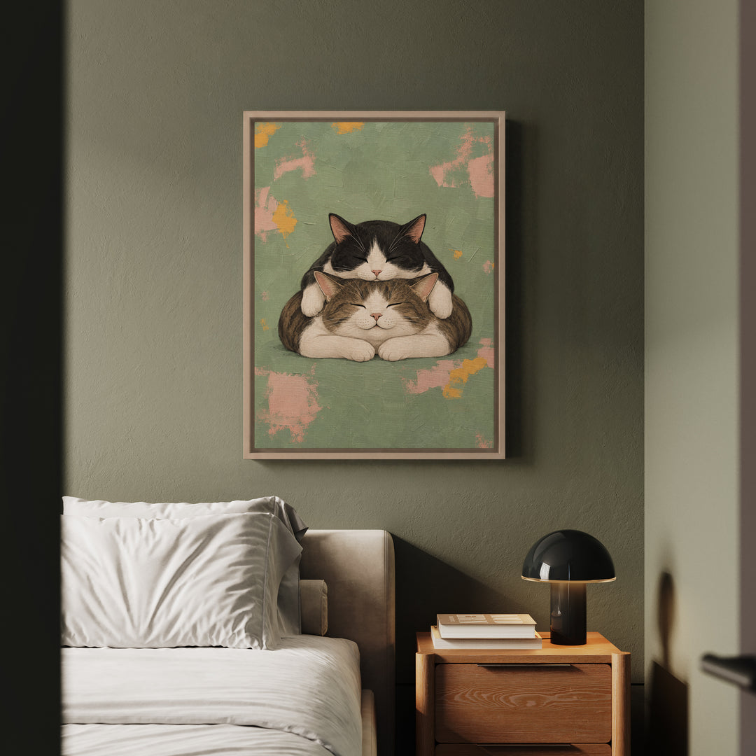 Nap Stack – Cat Wall Art with Two Cats and One Mattress – Framed Canvas Wall Art