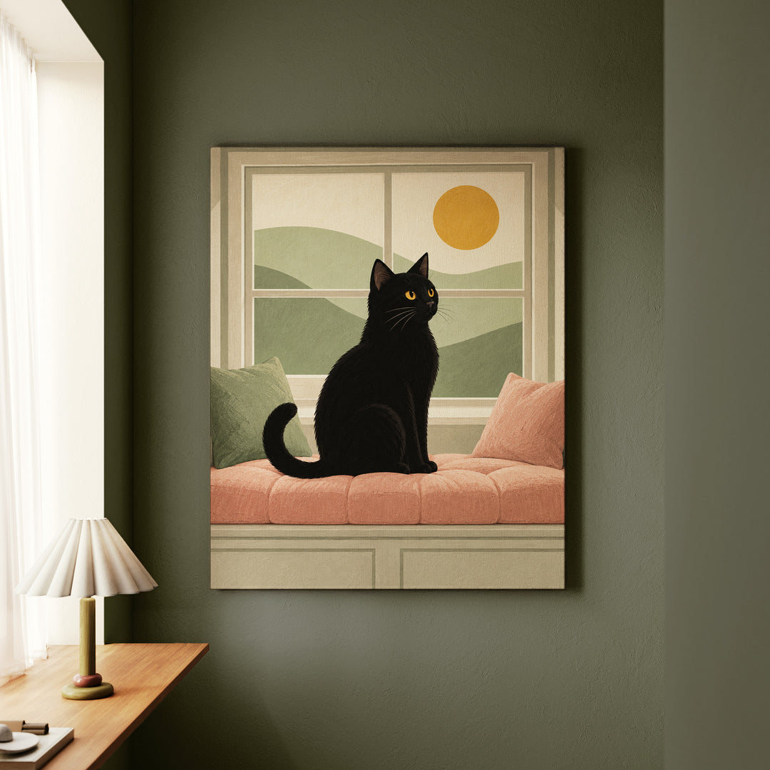 Window Watch Pillow – Cat Wall Art with a Sunlit Sill Silhouette – Canvas / Framed Canvas