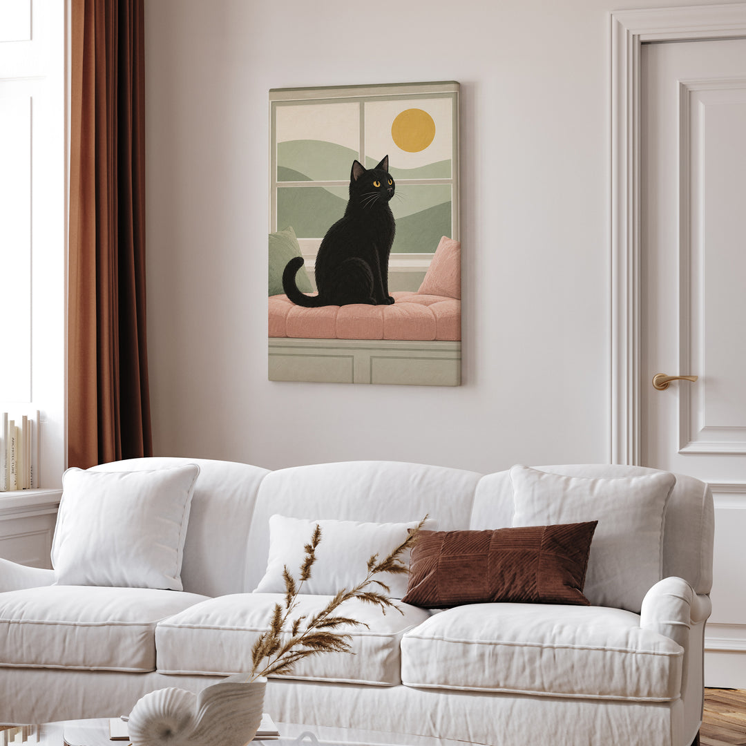 Window Watch Pillow – Cat Wall Art with a Sunlit Sill Silhouette – Canvas Wall Art
