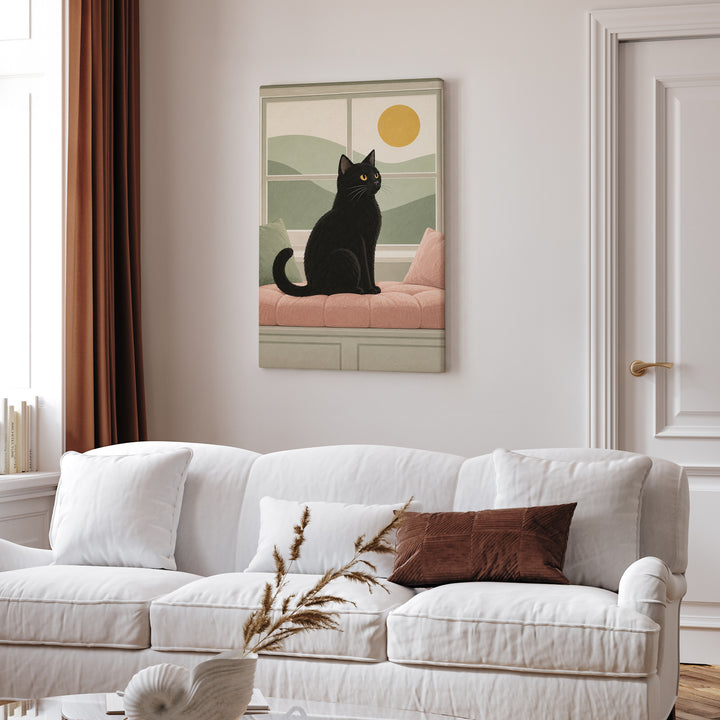 Window Watch Pillow – Cat Wall Art with a Sunlit Sill Silhouette – Canvas Wall Art