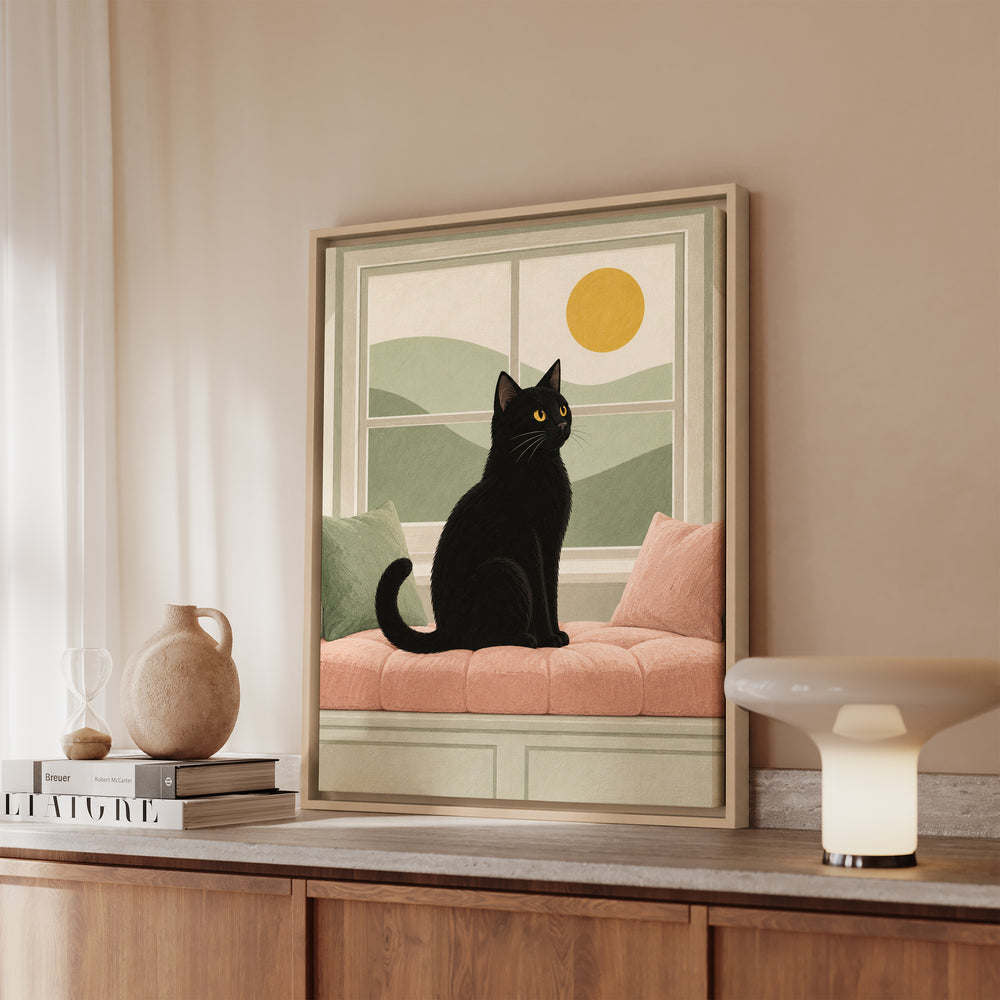 Window Watch Pillow – Cat Wall Art with a Sunlit Sill Silhouette – Canvas / Framed Canvas