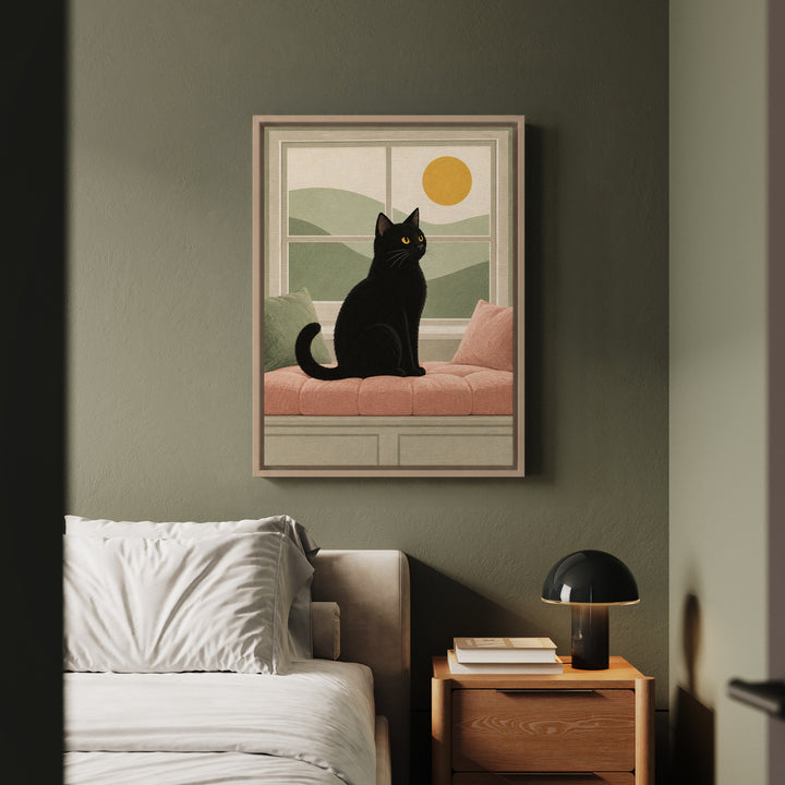 Window Watch Pillow – Cat Wall Art with a Sunlit Sill Silhouette – Canvas / Framed Canvas
