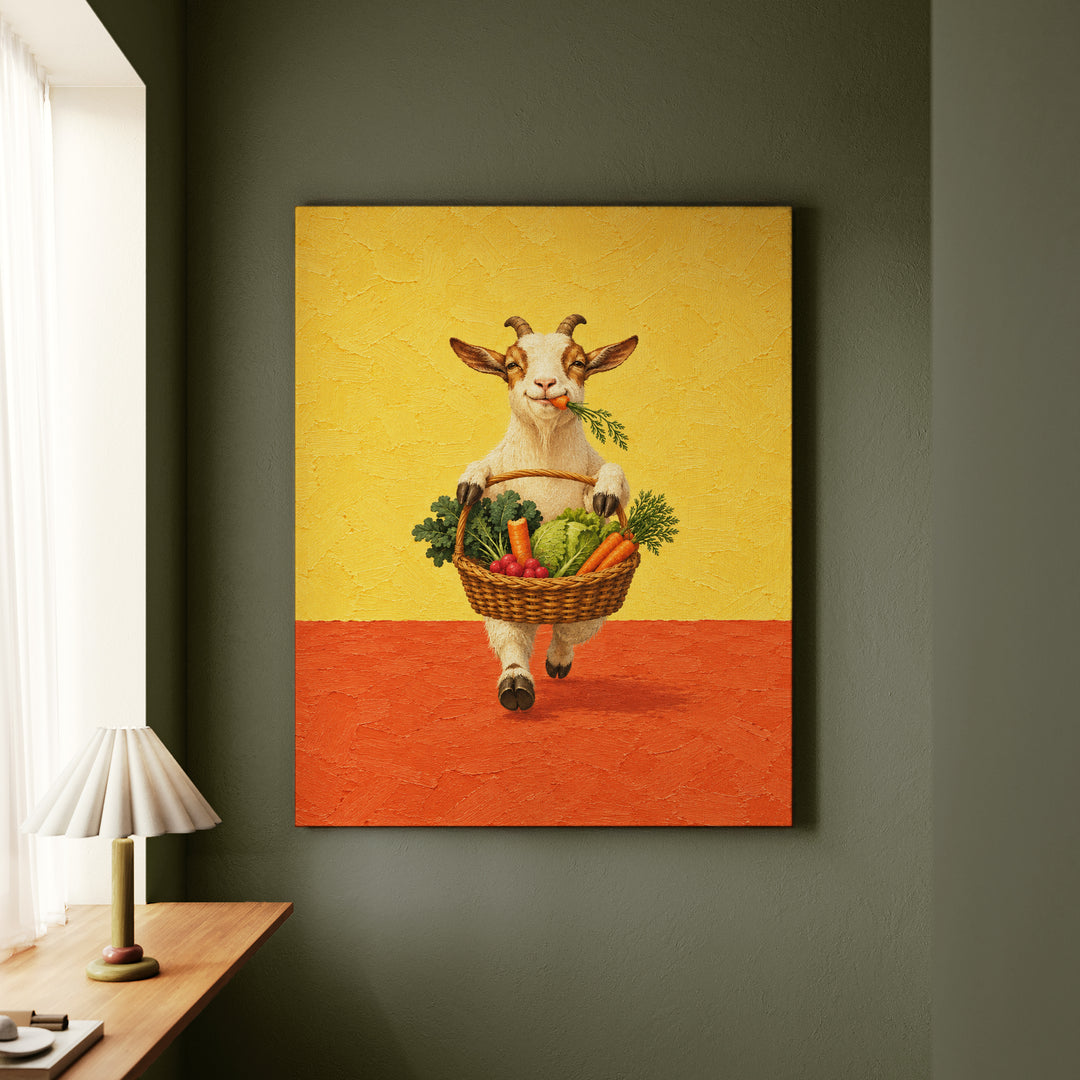 Market Haul – Kitchen Wall Art with a Goat and a Veggie Basket – Canvas Wall Art