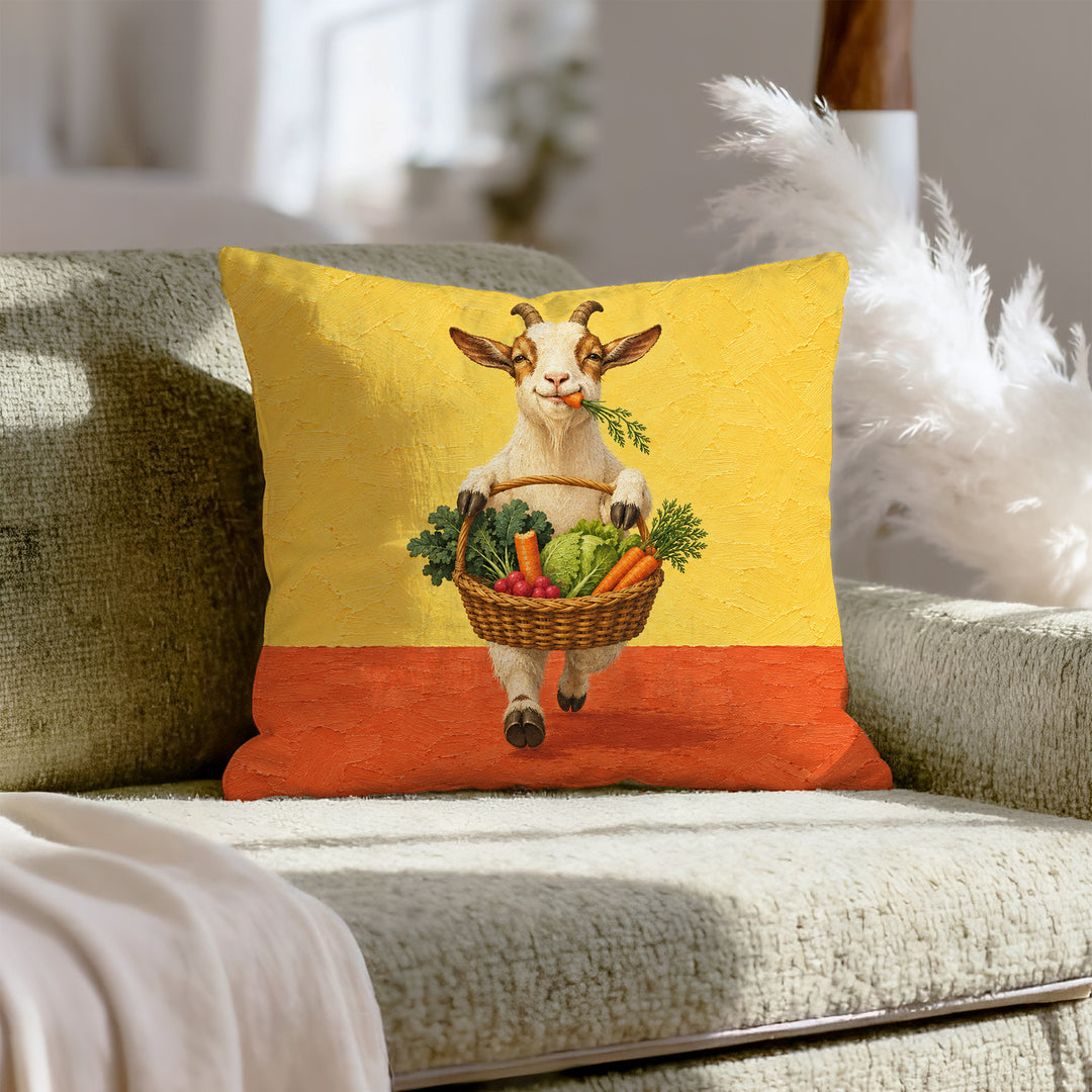 Market Haul – Kitchen Wall Art with a Goat and a Veggie Basket – Pillow / Cover