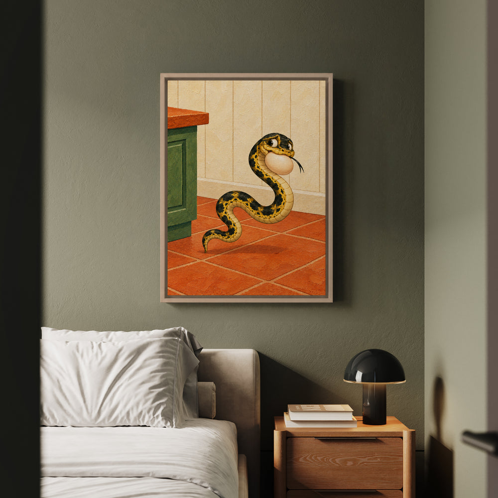 The Egg Heist – Funny Kitchen Art with a Snake and a Stolen Breakfast – Framed Canvas Wall Art