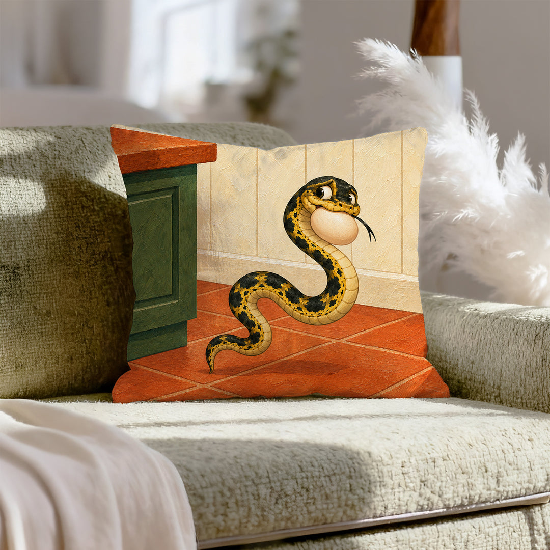 The Egg Heist – Funny Kitchen Decor with a Snake and a Stolen Breakfast – Throw Pillow