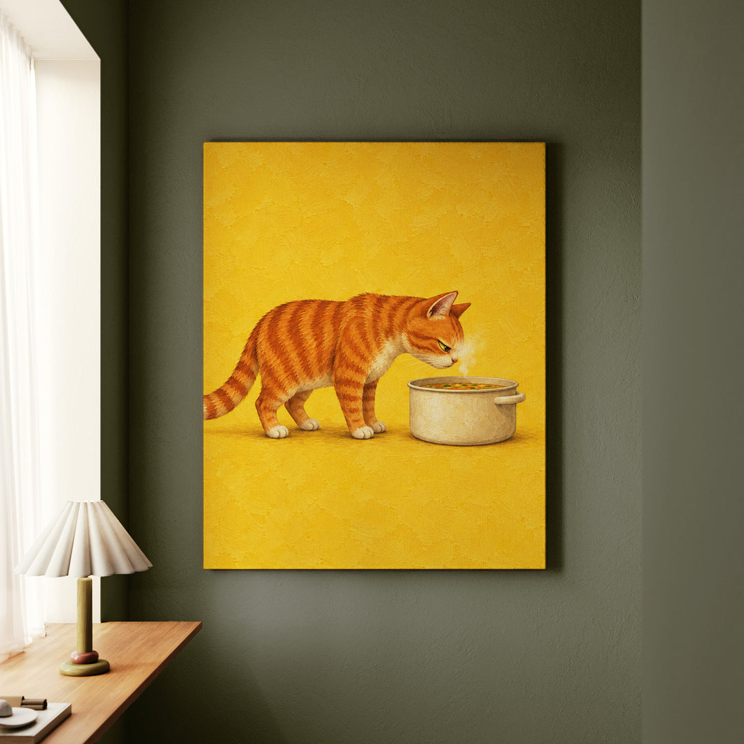 Soup Critic – Funny Kitchen Art with a Cat Above the Steaming Pot – Canvas / Framed Canvas