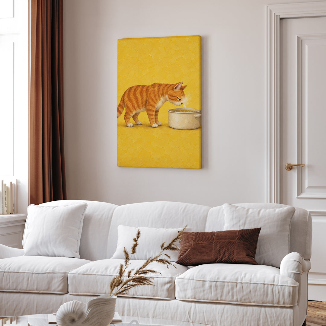 Soup Critic – Funny Kitchen Art with a Cat Above the Steaming Pot – Canvas Wall Art