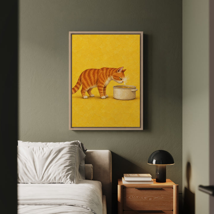 Soup Critic – Funny Kitchen Art with a Cat Above the Steaming Pot – Canvas / Framed Canvas