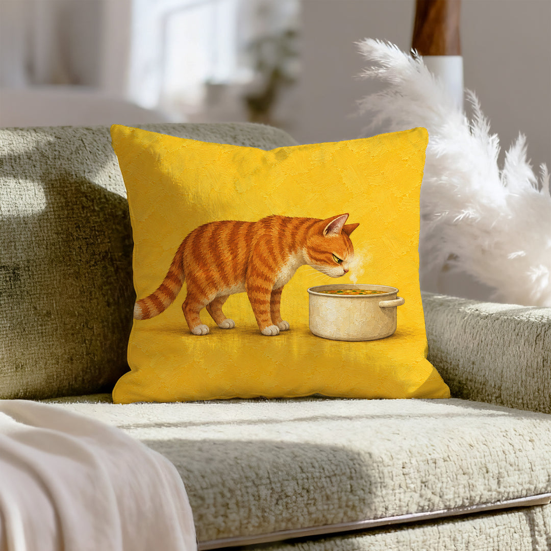 Soup Critic – Funny Kitchen Decor with a Cat Above the Steaming Pot – Throw Pillow