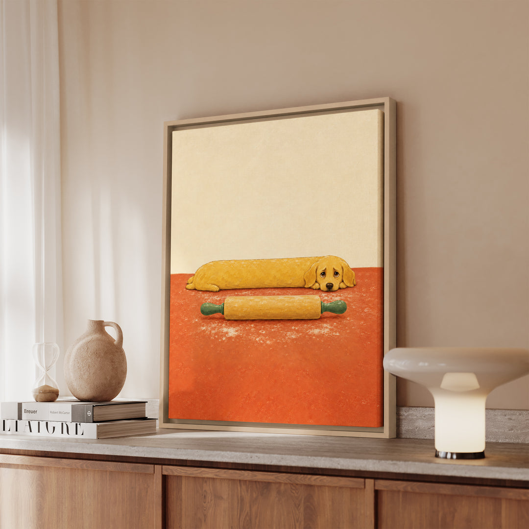 Rolling Pin Patrol – Funny Kitchen Art with a Dog on Floured Counter Duty – Framed Canvas Wall Art